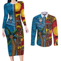 Personalised Australia and Fiji Together Couples Matching Long Sleeve Bodycon Dress and Long Sleeve Button Shirt Tribal Palm Tree with Tapa and Aboriginal Animals Half Style LT03 Blue - Polynesian Pride