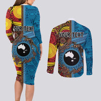 Personalised Australia and Fiji Together Couples Matching Long Sleeve Bodycon Dress and Long Sleeve Button Shirt Tribal Palm Tree with Tapa and Aboriginal Animals Half Style LT03 - Polynesian Pride