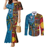 Personalised Australia and Fiji Together Couples Matching Mermaid Dress and Long Sleeve Button Shirt Tribal Palm Tree with Tapa and Aboriginal Animals Half Style LT03 Blue - Polynesian Pride