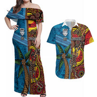 Personalised Australia and Fiji Together Couples Matching Off Shoulder Maxi Dress and Hawaiian Shirt Tribal Palm Tree with Tapa and Aboriginal Animals Half Style LT03 Blue - Polynesian Pride