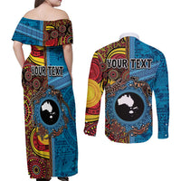 Personalised Australia and Fiji Together Couples Matching Off Shoulder Maxi Dress and Long Sleeve Button Shirt Tribal Palm Tree with Tapa and Aboriginal Animals Half Style LT03 - Polynesian Pride