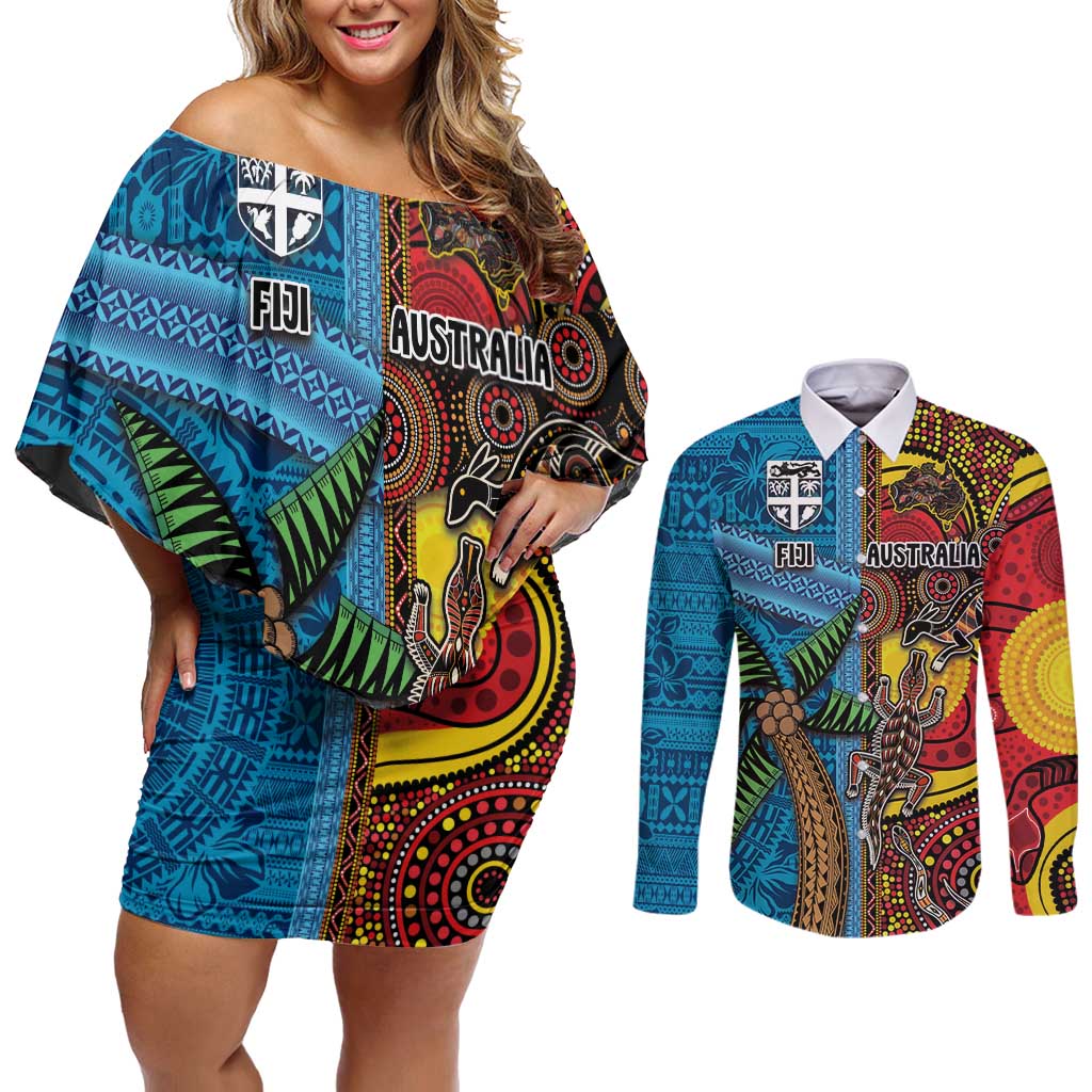 Personalised Australia and Fiji Together Couples Matching Off Shoulder Short Dress and Long Sleeve Button Shirt Tribal Palm Tree with Tapa and Aboriginal Animals Half Style LT03 Blue - Polynesian Pride