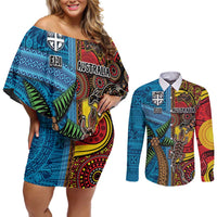 Personalised Australia and Fiji Together Couples Matching Off Shoulder Short Dress and Long Sleeve Button Shirt Tribal Palm Tree with Tapa and Aboriginal Animals Half Style LT03 Blue - Polynesian Pride