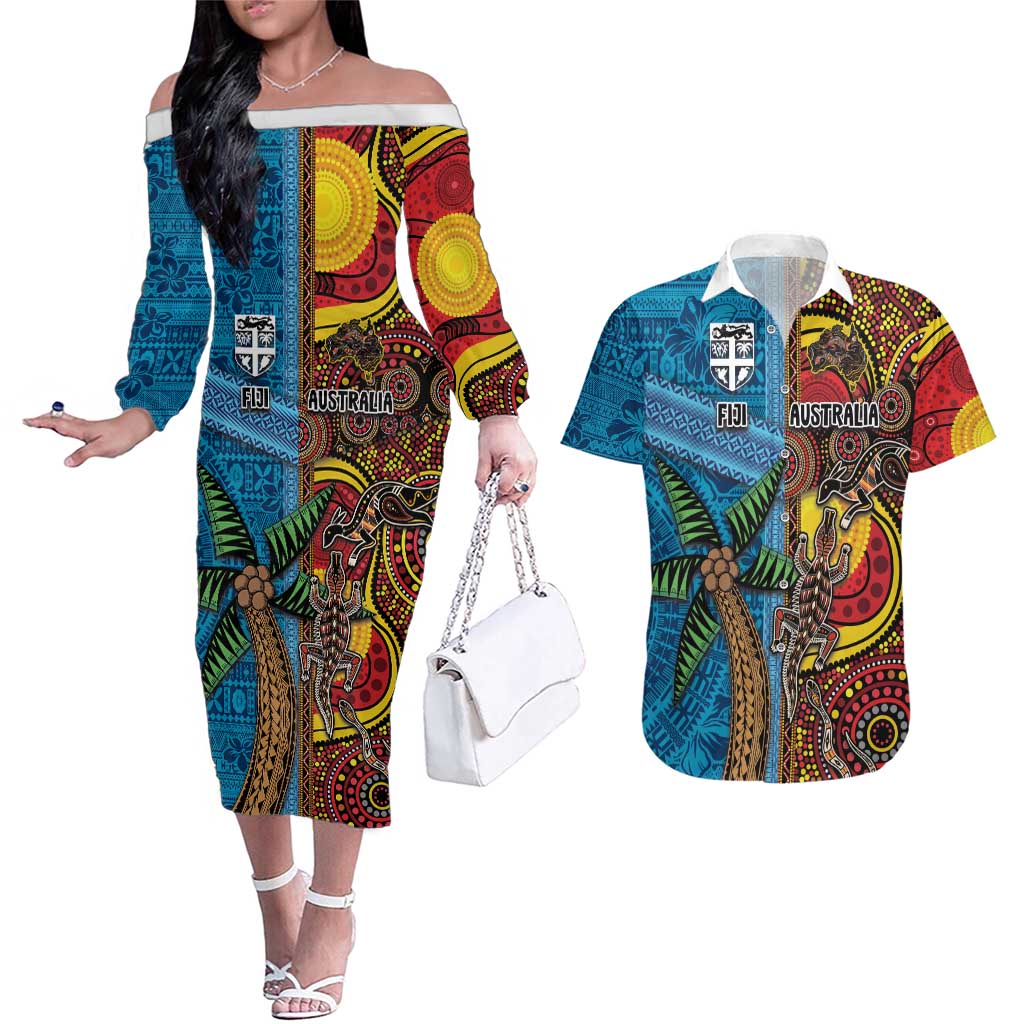 Personalised Australia and Fiji Together Couples Matching Off The Shoulder Long Sleeve Dress and Hawaiian Shirt Tribal Palm Tree with Tapa and Aboriginal Animals Half Style LT03 Blue - Polynesian Pride