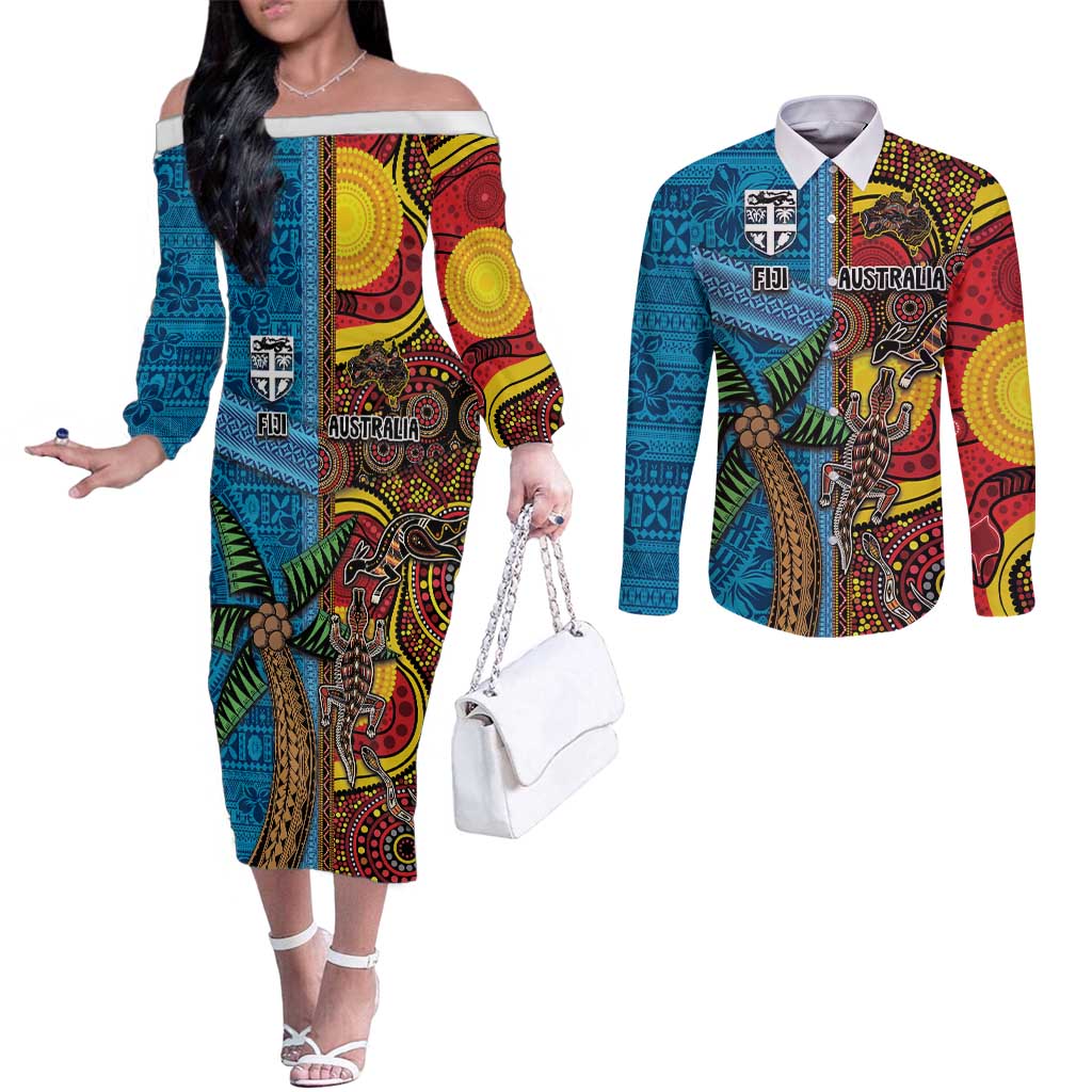Personalised Australia and Fiji Together Couples Matching Off The Shoulder Long Sleeve Dress and Long Sleeve Button Shirt Tribal Palm Tree with Tapa and Aboriginal Animals Half Style LT03 Blue - Polynesian Pride