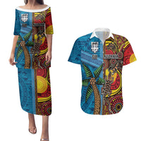 Personalised Australia and Fiji Together Couples Matching Puletasi and Hawaiian Shirt Tribal Palm Tree with Tapa and Aboriginal Animals Half Style