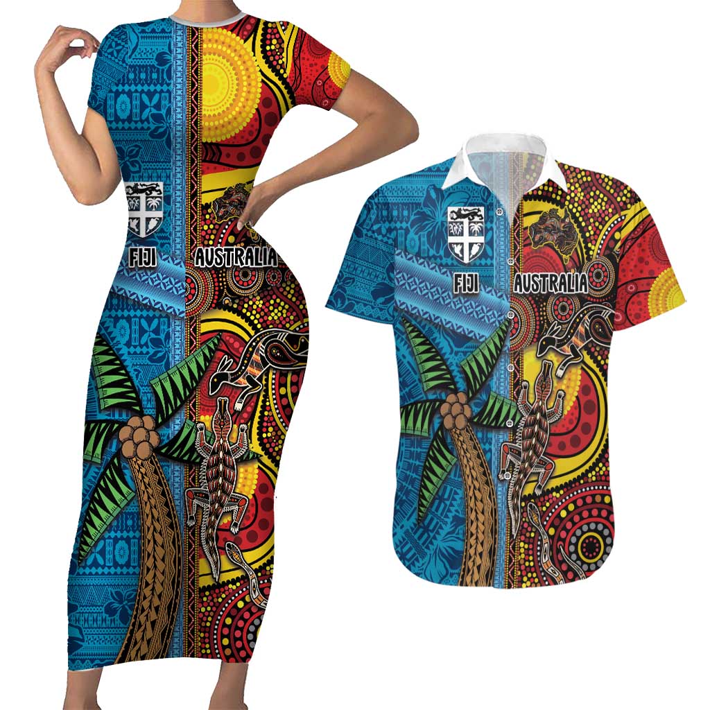 Personalised Australia and Fiji Together Couples Matching Short Sleeve Bodycon Dress and Hawaiian Shirt Tribal Palm Tree with Tapa and Aboriginal Animals Half Style LT03 Blue - Polynesian Pride