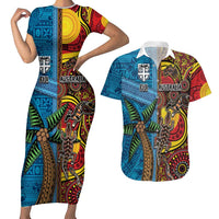 Personalised Australia and Fiji Together Couples Matching Short Sleeve Bodycon Dress and Hawaiian Shirt Tribal Palm Tree with Tapa and Aboriginal Animals Half Style LT03 Blue - Polynesian Pride