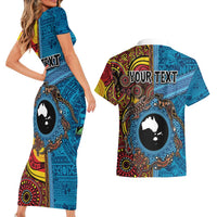 Personalised Australia and Fiji Together Couples Matching Short Sleeve Bodycon Dress and Hawaiian Shirt Tribal Palm Tree with Tapa and Aboriginal Animals Half Style LT03 - Polynesian Pride
