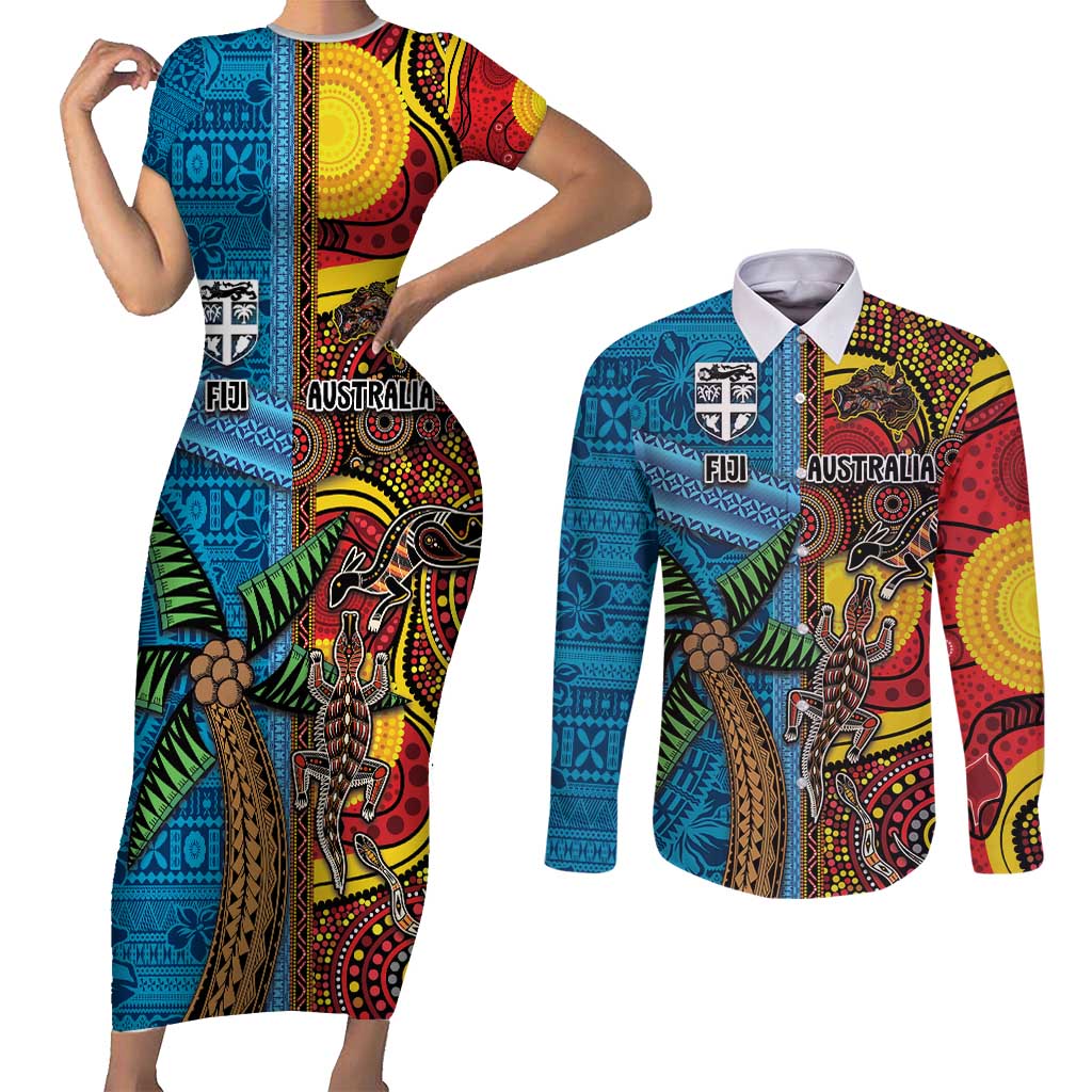 Personalised Australia and Fiji Together Couples Matching Short Sleeve Bodycon Dress and Long Sleeve Button Shirt Tribal Palm Tree with Tapa and Aboriginal Animals Half Style LT03 Blue - Polynesian Pride
