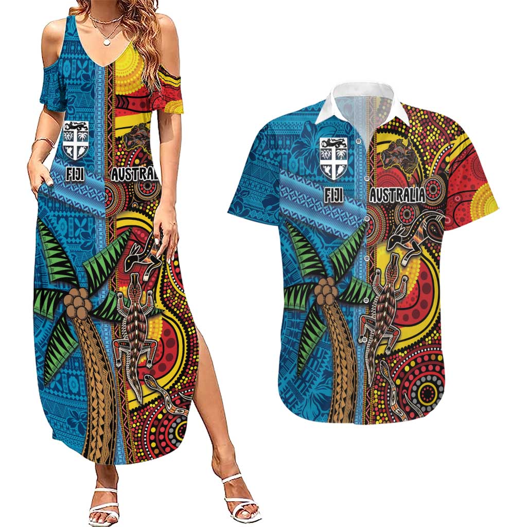 Personalised Australia and Fiji Together Couples Matching Summer Maxi Dress and Hawaiian Shirt Tribal Palm Tree with Tapa and Aboriginal Animals Half Style LT03 Blue - Polynesian Pride