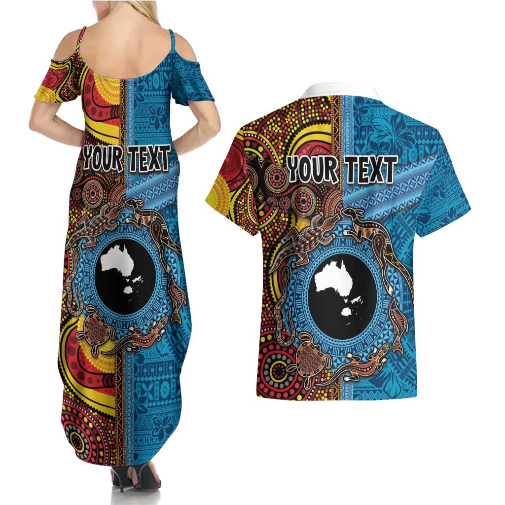 Personalised Australia and Fiji Together Couples Matching Summer Maxi Dress and Hawaiian Shirt Tribal Palm Tree with Tapa and Aboriginal Animals Half Style LT03 - Polynesian Pride