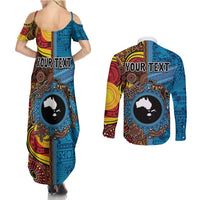 Personalised Australia and Fiji Together Couples Matching Summer Maxi Dress and Long Sleeve Button Shirt Tribal Palm Tree with Tapa and Aboriginal Animals Half Style LT03 - Polynesian Pride