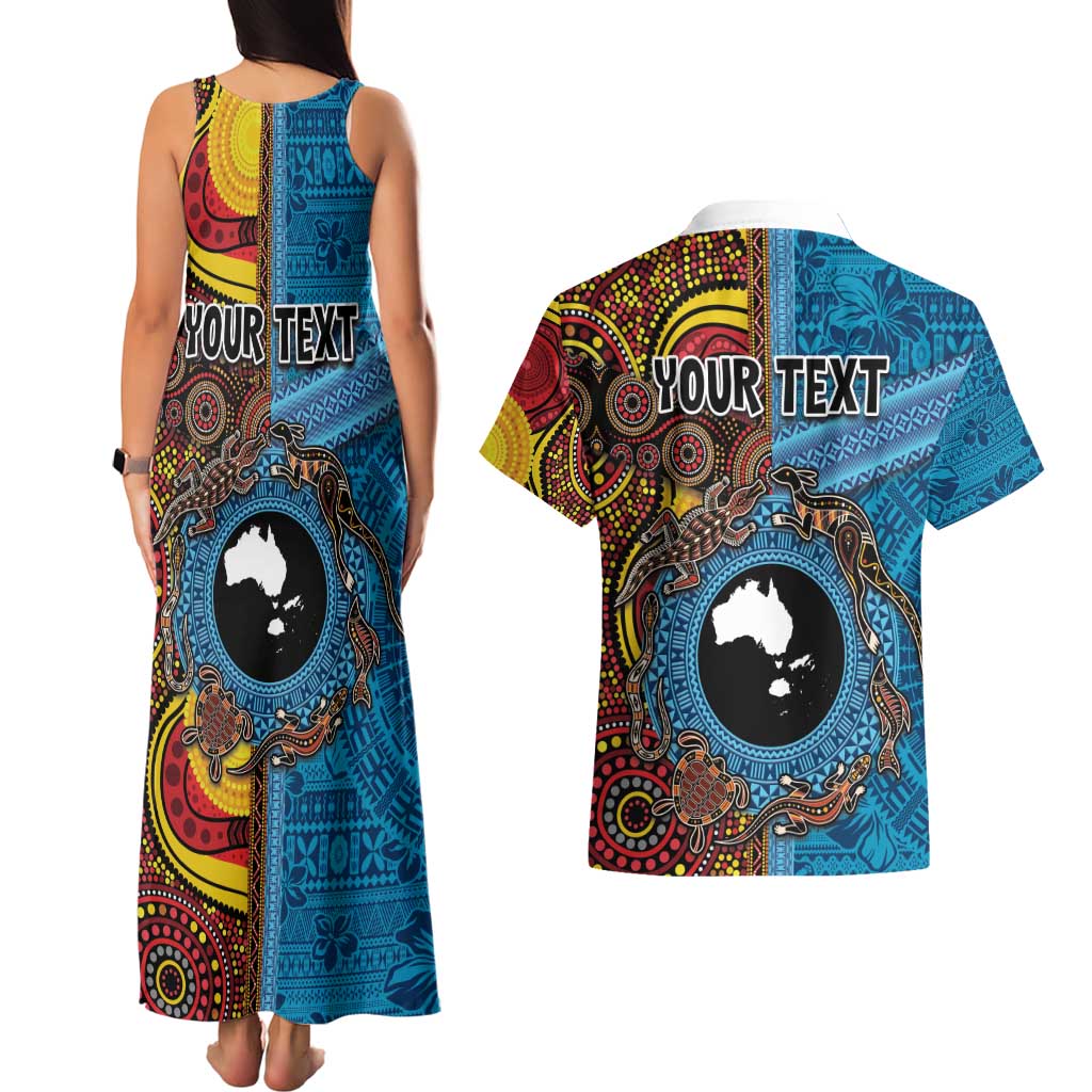 Personalised Australia and Fiji Together Couples Matching Tank Maxi Dress and Hawaiian Shirt Tribal Palm Tree with Tapa and Aboriginal Animals Half Style LT03 - Polynesian Pride