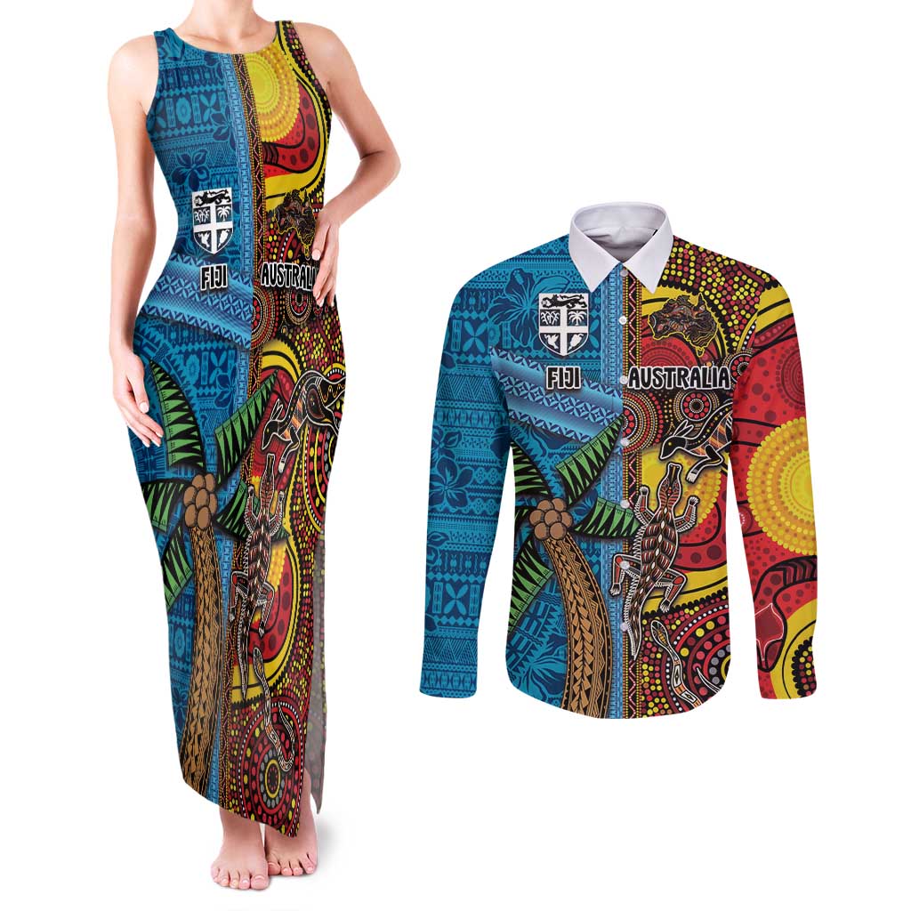 Personalised Australia and Fiji Together Couples Matching Tank Maxi Dress and Long Sleeve Button Shirt Tribal Palm Tree with Tapa and Aboriginal Animals Half Style LT03 Blue - Polynesian Pride