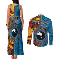 Personalised Australia and Fiji Together Couples Matching Tank Maxi Dress and Long Sleeve Button Shirt Tribal Palm Tree with Tapa and Aboriginal Animals Half Style LT03 - Polynesian Pride