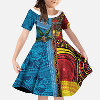 Personalised Australia and Fiji Together Family Matching Long Sleeve Bodycon Dress and Hawaiian Shirt Tribal Palm Tree with Tapa and Aboriginal Animals Half Style LT03 Daughter's Dress Blue - Polynesian Pride