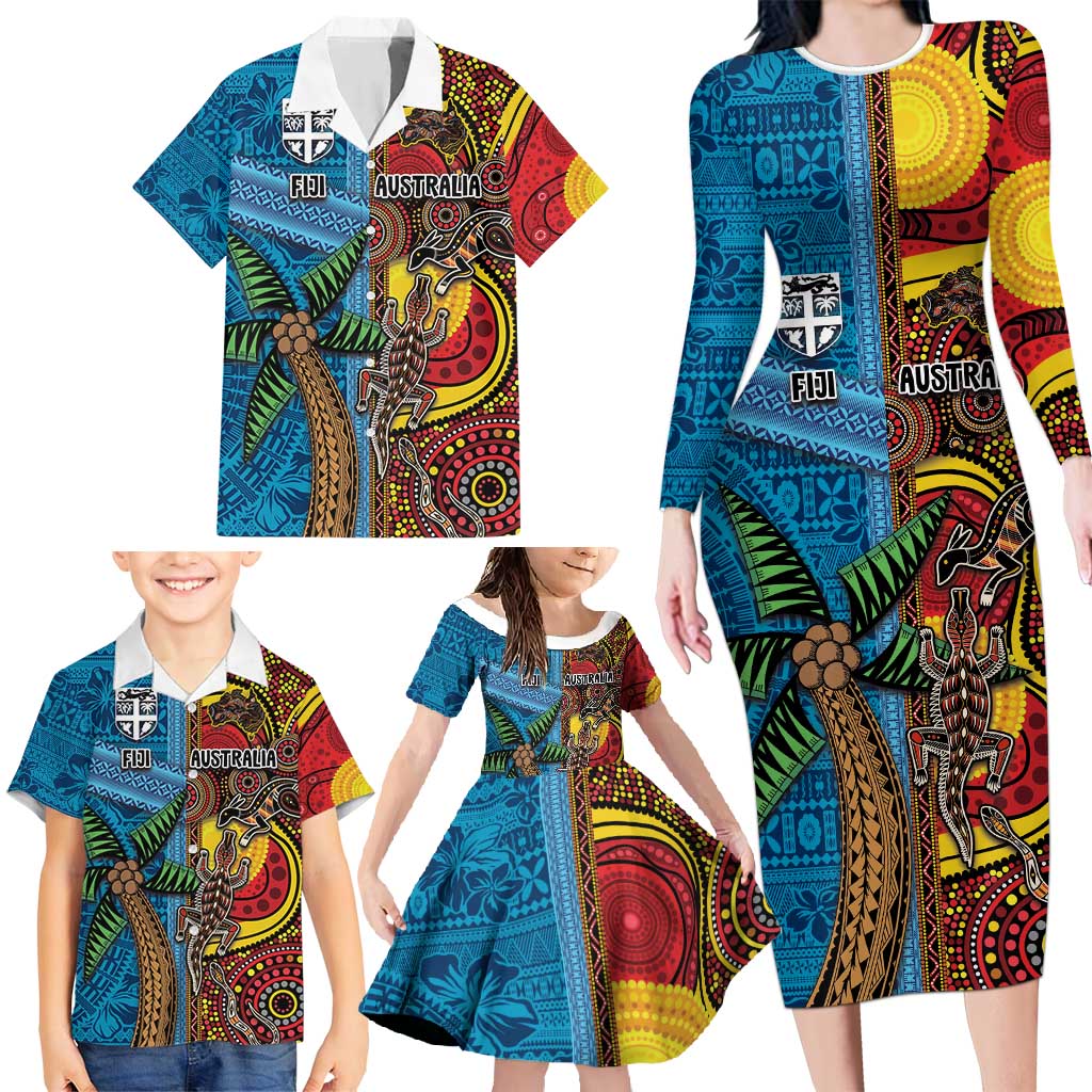Personalised Australia and Fiji Together Family Matching Long Sleeve Bodycon Dress and Hawaiian Shirt Tribal Palm Tree with Tapa and Aboriginal Animals Half Style LT03 - Polynesian Pride