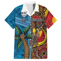 Personalised Australia and Fiji Together Family Matching Long Sleeve Bodycon Dress and Hawaiian Shirt Tribal Palm Tree with Tapa and Aboriginal Animals Half Style LT03 Dad's Shirt - Short Sleeve Blue - Polynesian Pride