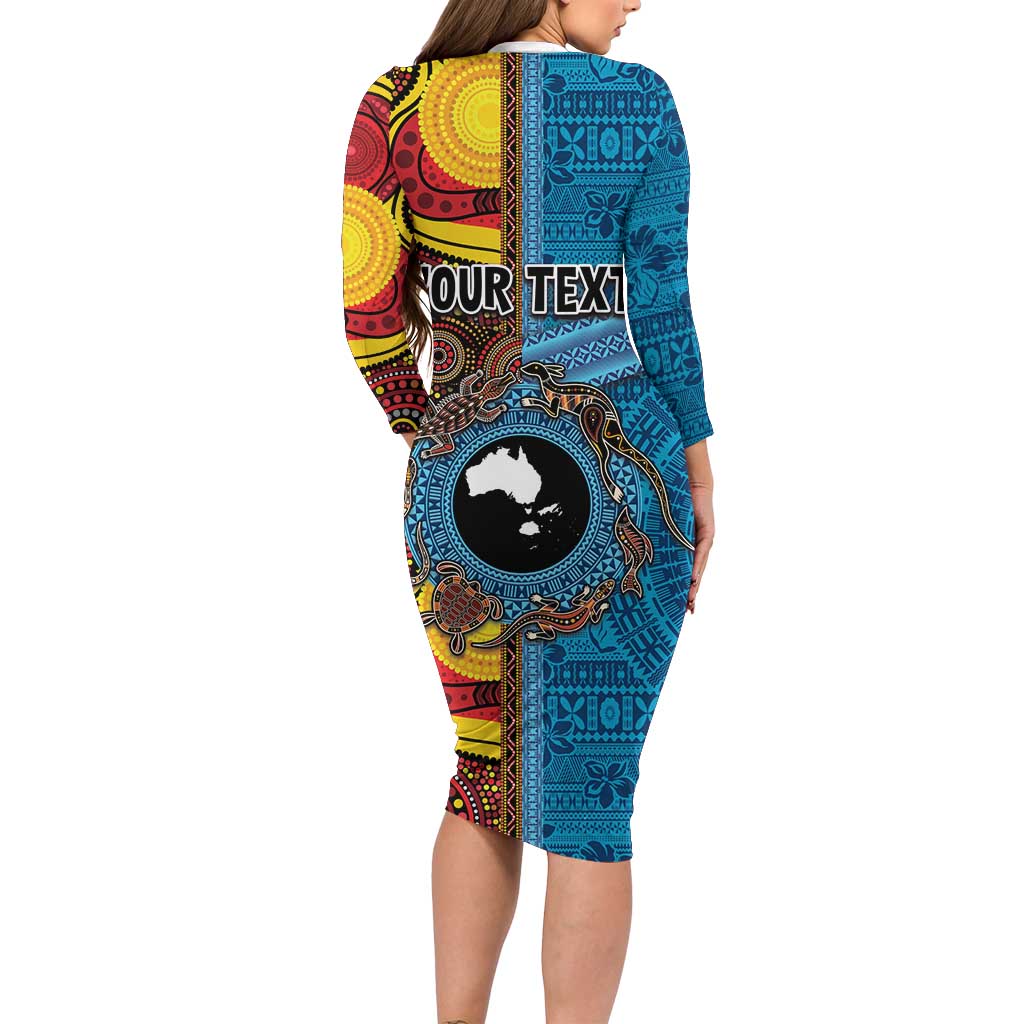 Personalised Australia and Fiji Together Family Matching Long Sleeve Bodycon Dress and Hawaiian Shirt Tribal Palm Tree with Tapa and Aboriginal Animals Half Style LT03 - Polynesian Pride