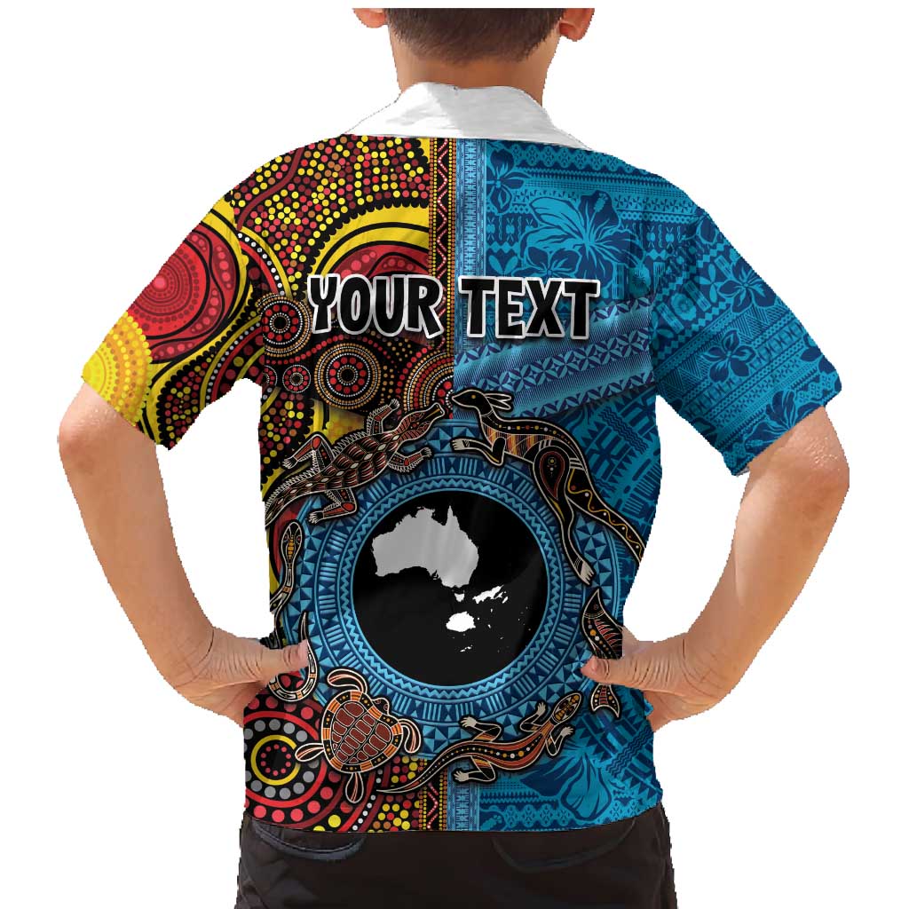 Personalised Australia and Fiji Together Family Matching Mermaid Dress and Hawaiian Shirt Tribal Palm Tree with Tapa and Aboriginal Animals Half Style LT03 - Polynesian Pride