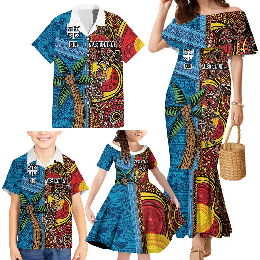 Personalised Australia and Fiji Together Family Matching Mermaid Dress and Hawaiian Shirt Tribal Palm Tree with Tapa and Aboriginal Animals Half Style LT03 - Polynesian Pride