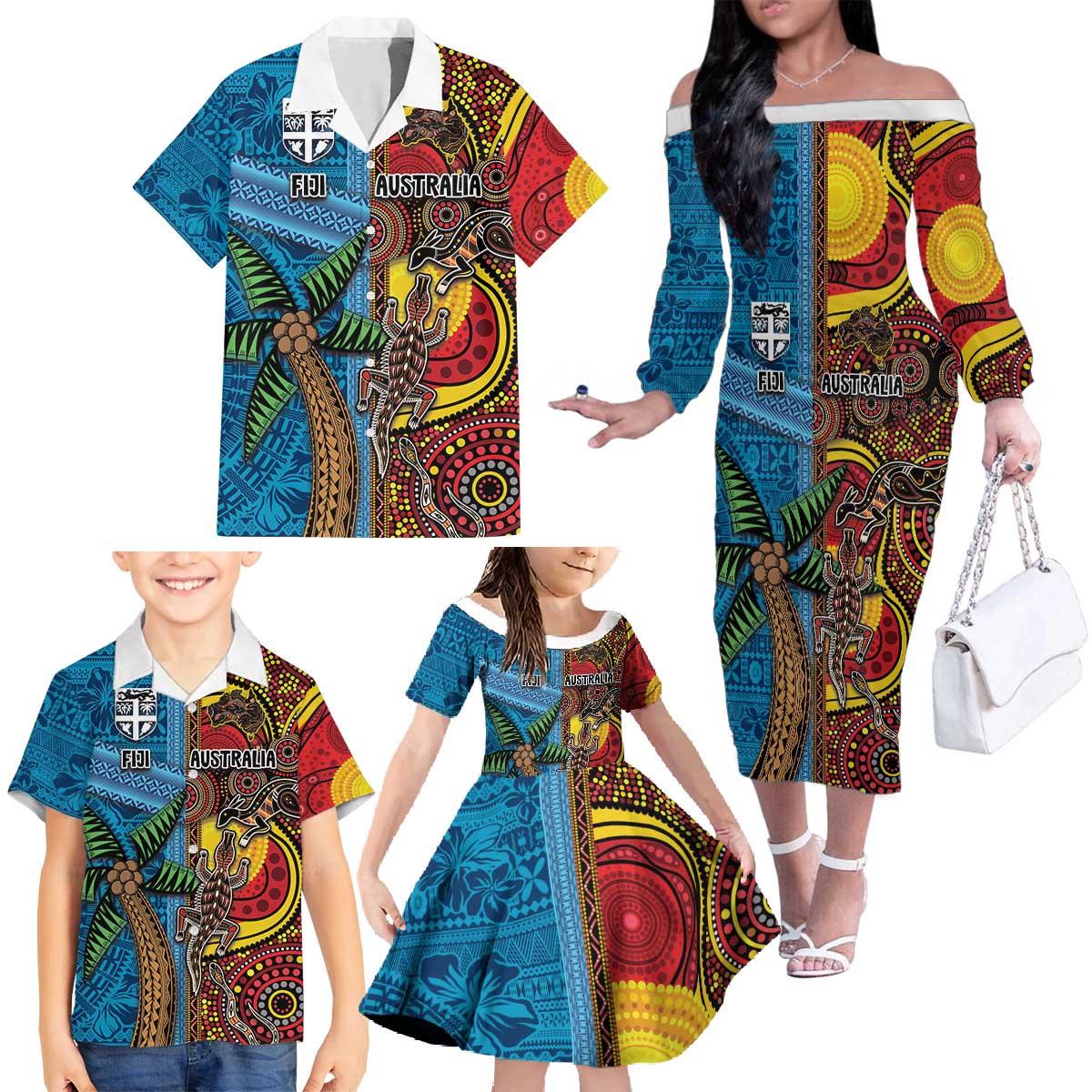 Personalised Australia and Fiji Together Family Matching Off The Shoulder Long Sleeve Dress and Hawaiian Shirt Tribal Palm Tree with Tapa and Aboriginal Animals Half Style LT03 - Polynesian Pride