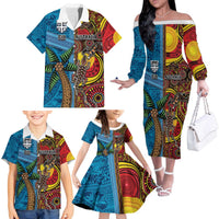 Personalised Australia and Fiji Together Family Matching Off The Shoulder Long Sleeve Dress and Hawaiian Shirt Tribal Palm Tree with Tapa and Aboriginal Animals Half Style LT03 - Polynesian Pride