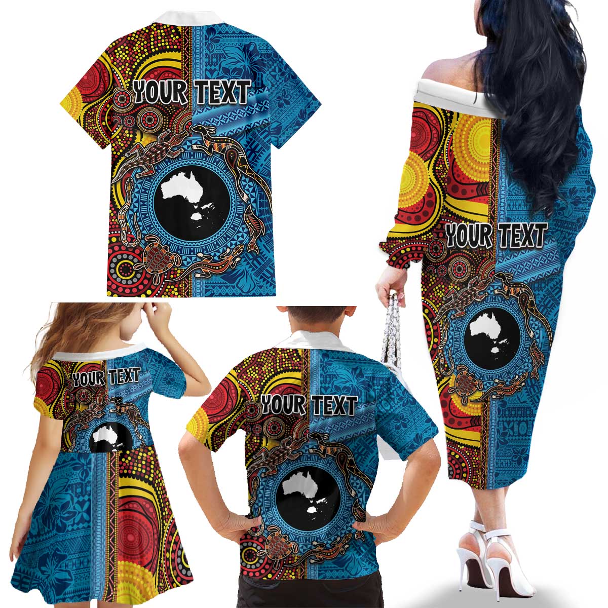 Personalised Australia and Fiji Together Family Matching Off The Shoulder Long Sleeve Dress and Hawaiian Shirt Tribal Palm Tree with Tapa and Aboriginal Animals Half Style LT03 - Polynesian Pride