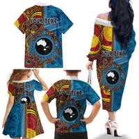 Personalised Australia and Fiji Together Family Matching Off The Shoulder Long Sleeve Dress and Hawaiian Shirt Tribal Palm Tree with Tapa and Aboriginal Animals Half Style LT03 - Polynesian Pride