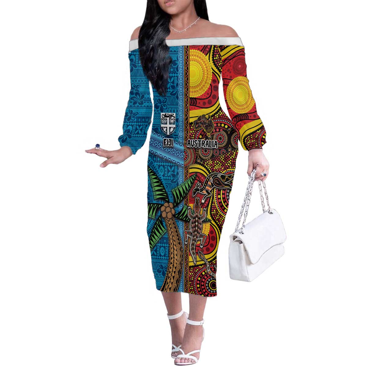 Personalised Australia and Fiji Together Family Matching Off The Shoulder Long Sleeve Dress and Hawaiian Shirt Tribal Palm Tree with Tapa and Aboriginal Animals Half Style LT03 Mom's Dress Blue - Polynesian Pride