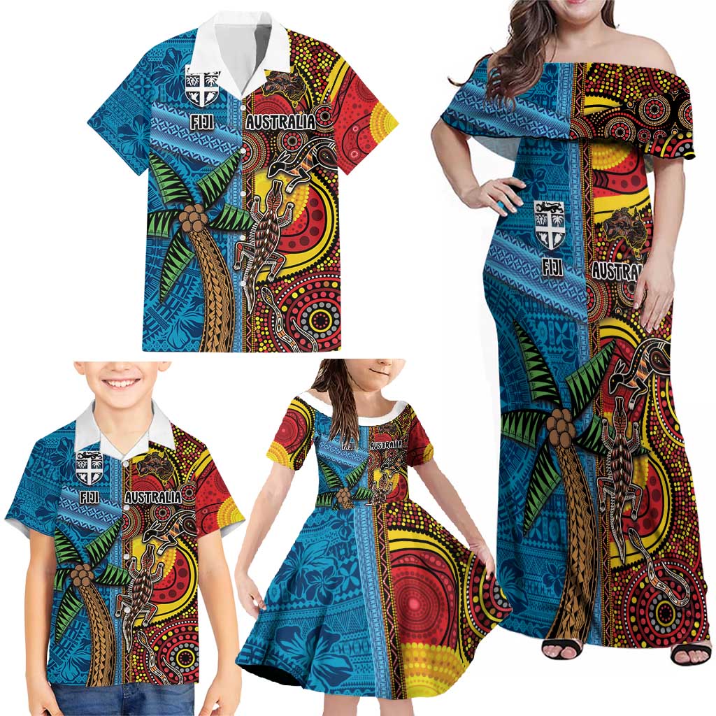 Personalised Australia and Fiji Together Family Matching Off Shoulder Maxi Dress and Hawaiian Shirt Tribal Palm Tree with Tapa and Aboriginal Animals Half Style LT03 - Polynesian Pride