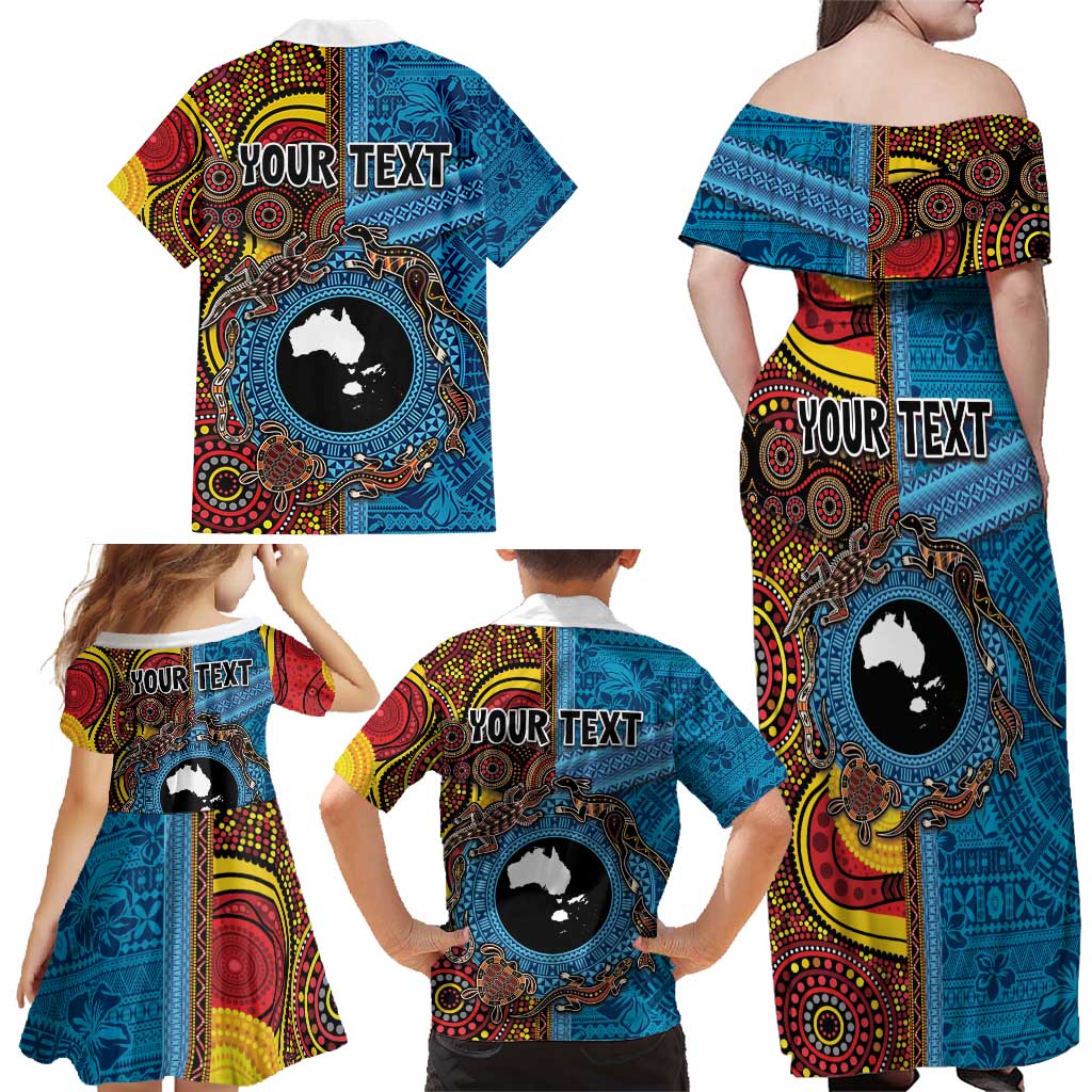 Personalised Australia and Fiji Together Family Matching Off Shoulder Maxi Dress and Hawaiian Shirt Tribal Palm Tree with Tapa and Aboriginal Animals Half Style LT03 - Polynesian Pride