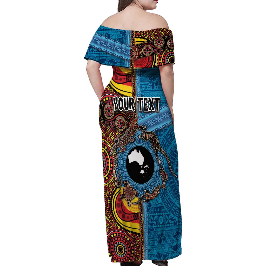 Personalised Australia and Fiji Together Family Matching Off Shoulder Maxi Dress and Hawaiian Shirt Tribal Palm Tree with Tapa and Aboriginal Animals Half Style LT03 - Polynesian Pride