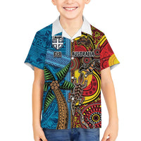 Personalised Australia and Fiji Together Family Matching Off Shoulder Maxi Dress and Hawaiian Shirt Tribal Palm Tree with Tapa and Aboriginal Animals Half Style LT03 Son's Shirt Blue - Polynesian Pride