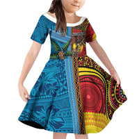 Personalised Australia and Fiji Together Family Matching Off Shoulder Short Dress and Hawaiian Shirt Tribal Palm Tree with Tapa and Aboriginal Animals Half Style LT03 Daughter's Dress Blue - Polynesian Pride