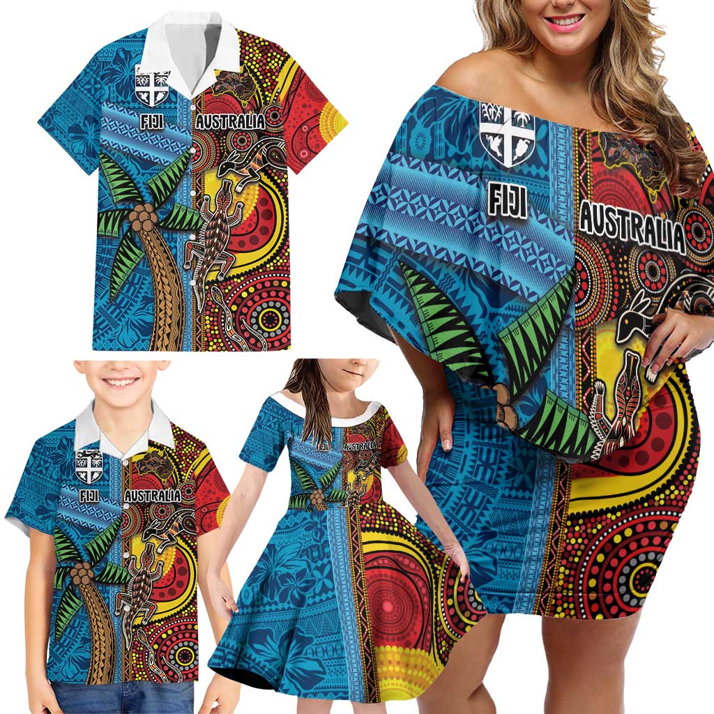Personalised Australia and Fiji Together Family Matching Off Shoulder Short Dress and Hawaiian Shirt Tribal Palm Tree with Tapa and Aboriginal Animals Half Style LT03 - Polynesian Pride