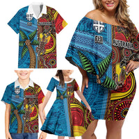 Personalised Australia and Fiji Together Family Matching Off Shoulder Short Dress and Hawaiian Shirt Tribal Palm Tree with Tapa and Aboriginal Animals Half Style LT03 - Polynesian Pride
