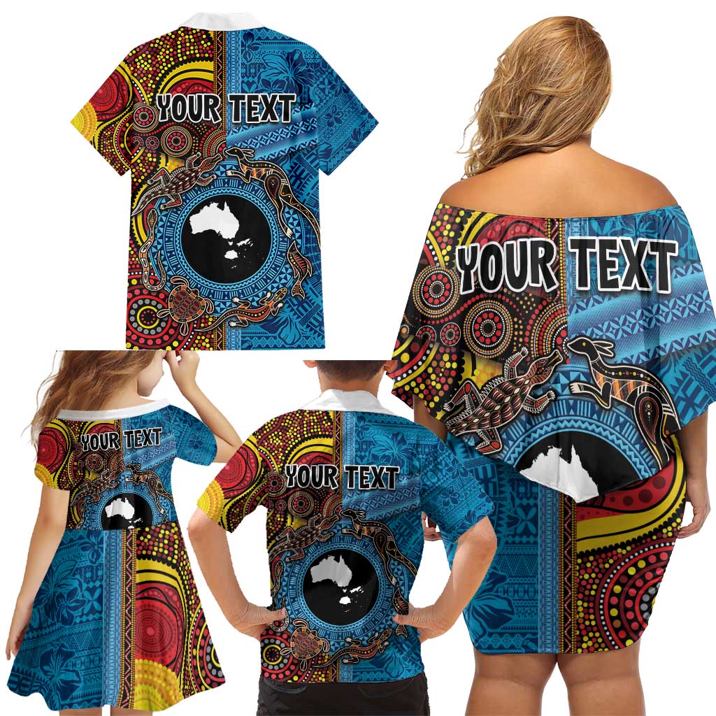 Personalised Australia and Fiji Together Family Matching Off Shoulder Short Dress and Hawaiian Shirt Tribal Palm Tree with Tapa and Aboriginal Animals Half Style LT03 - Polynesian Pride