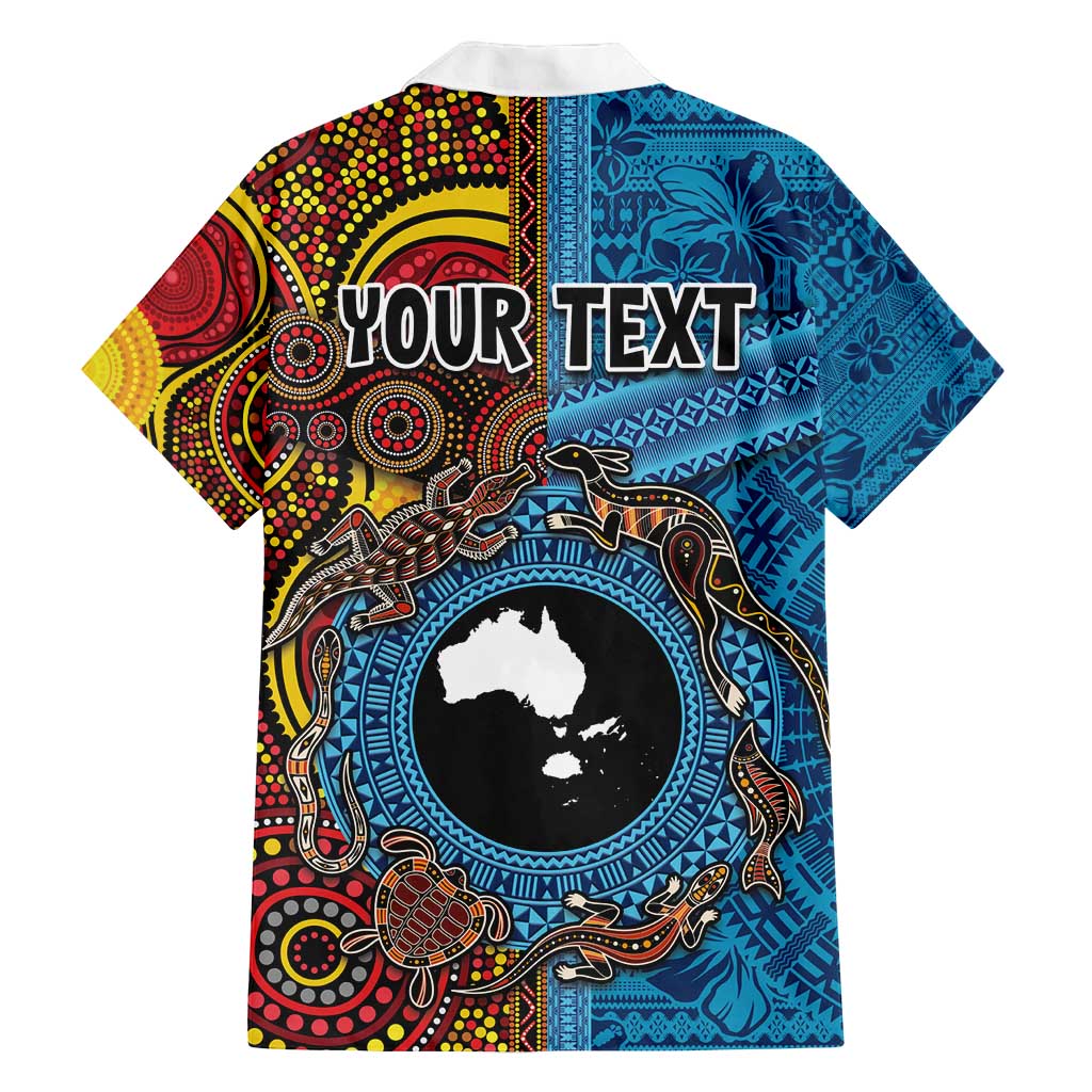Personalised Australia and Fiji Together Family Matching Off Shoulder Short Dress and Hawaiian Shirt Tribal Palm Tree with Tapa and Aboriginal Animals Half Style LT03 - Polynesian Pride