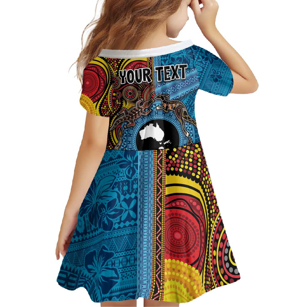 Personalised Australia and Fiji Together Family Matching Short Sleeve Bodycon Dress and Hawaiian Shirt Tribal Palm Tree with Tapa and Aboriginal Animals Half Style LT03 - Polynesian Pride