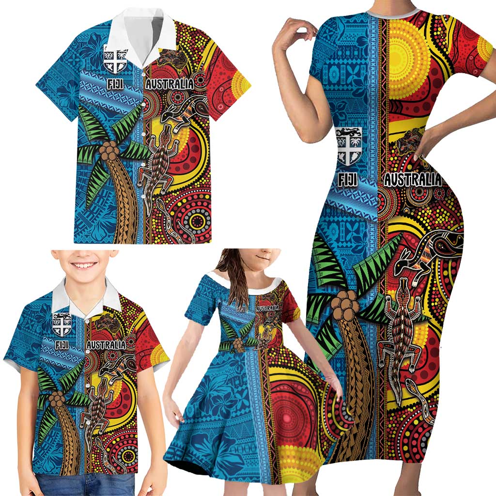 Personalised Australia and Fiji Together Family Matching Short Sleeve Bodycon Dress and Hawaiian Shirt Tribal Palm Tree with Tapa and Aboriginal Animals Half Style LT03 - Polynesian Pride