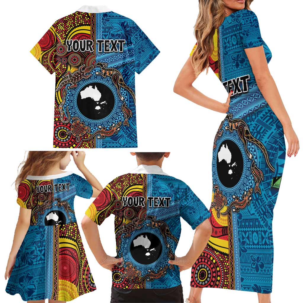 Personalised Australia and Fiji Together Family Matching Short Sleeve Bodycon Dress and Hawaiian Shirt Tribal Palm Tree with Tapa and Aboriginal Animals Half Style LT03 - Polynesian Pride