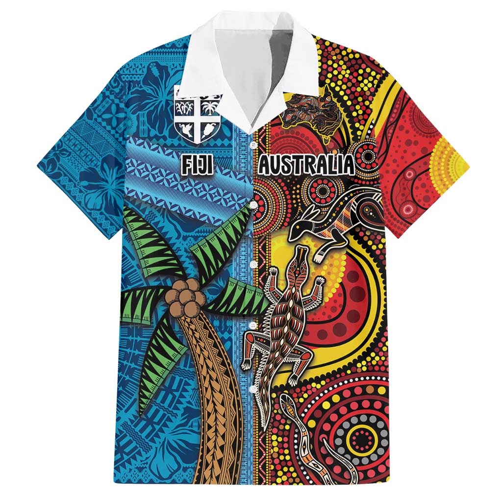 Personalised Australia and Fiji Together Family Matching Short Sleeve Bodycon Dress and Hawaiian Shirt Tribal Palm Tree with Tapa and Aboriginal Animals Half Style LT03 Dad's Shirt - Short Sleeve Blue - Polynesian Pride