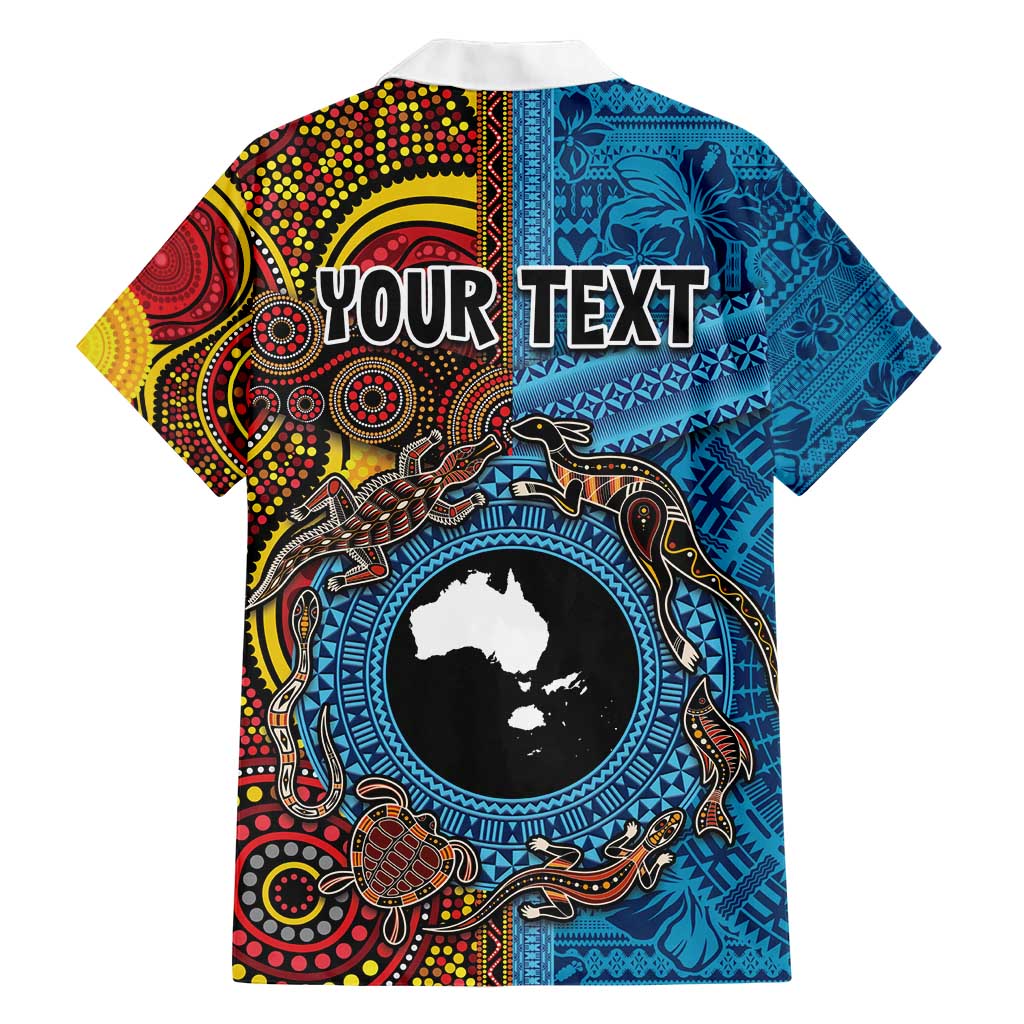 Personalised Australia and Fiji Together Family Matching Short Sleeve Bodycon Dress and Hawaiian Shirt Tribal Palm Tree with Tapa and Aboriginal Animals Half Style LT03 - Polynesian Pride