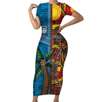 Personalised Australia and Fiji Together Family Matching Short Sleeve Bodycon Dress and Hawaiian Shirt Tribal Palm Tree with Tapa and Aboriginal Animals Half Style LT03 Mom's Dress Blue - Polynesian Pride
