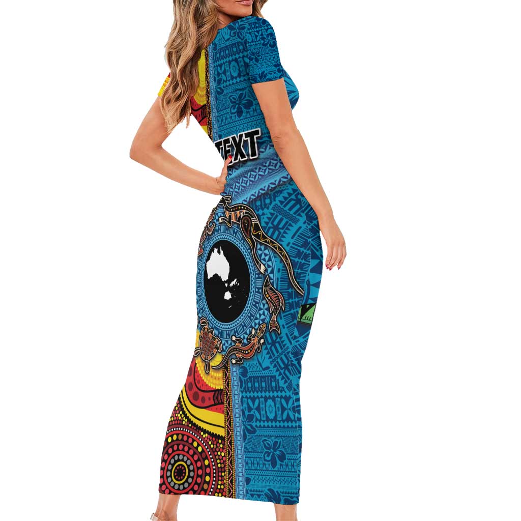 Personalised Australia and Fiji Together Family Matching Short Sleeve Bodycon Dress and Hawaiian Shirt Tribal Palm Tree with Tapa and Aboriginal Animals Half Style LT03 - Polynesian Pride