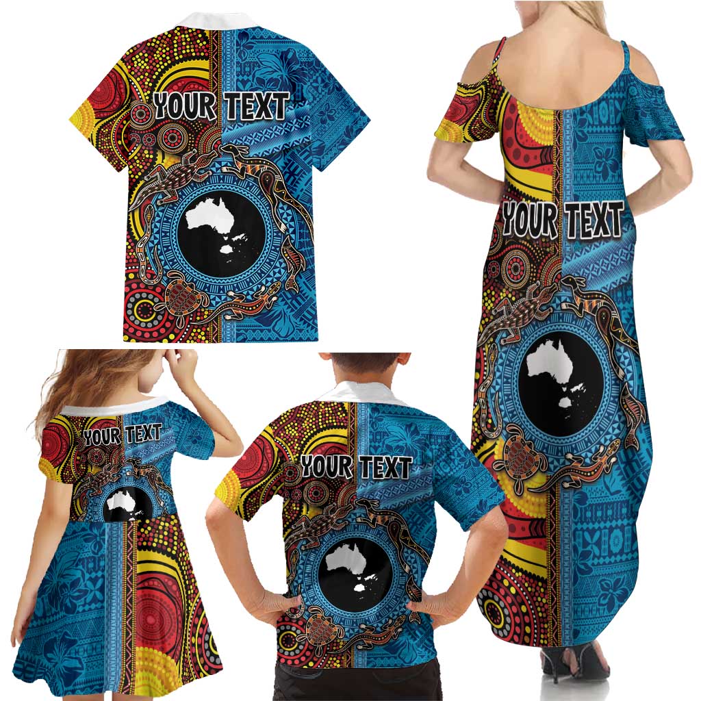 Personalised Australia and Fiji Together Family Matching Summer Maxi Dress and Hawaiian Shirt Tribal Palm Tree with Tapa and Aboriginal Animals Half Style LT03 - Polynesian Pride