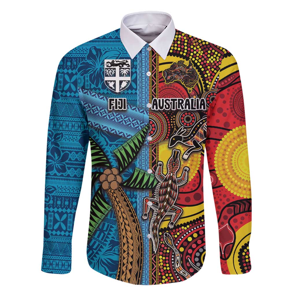 Personalised Australia and Fiji Together Family Matching Summer Maxi Dress and Hawaiian Shirt Tribal Palm Tree with Tapa and Aboriginal Animals Half Style LT03 Dad's Shirt - Long Sleeve Blue - Polynesian Pride