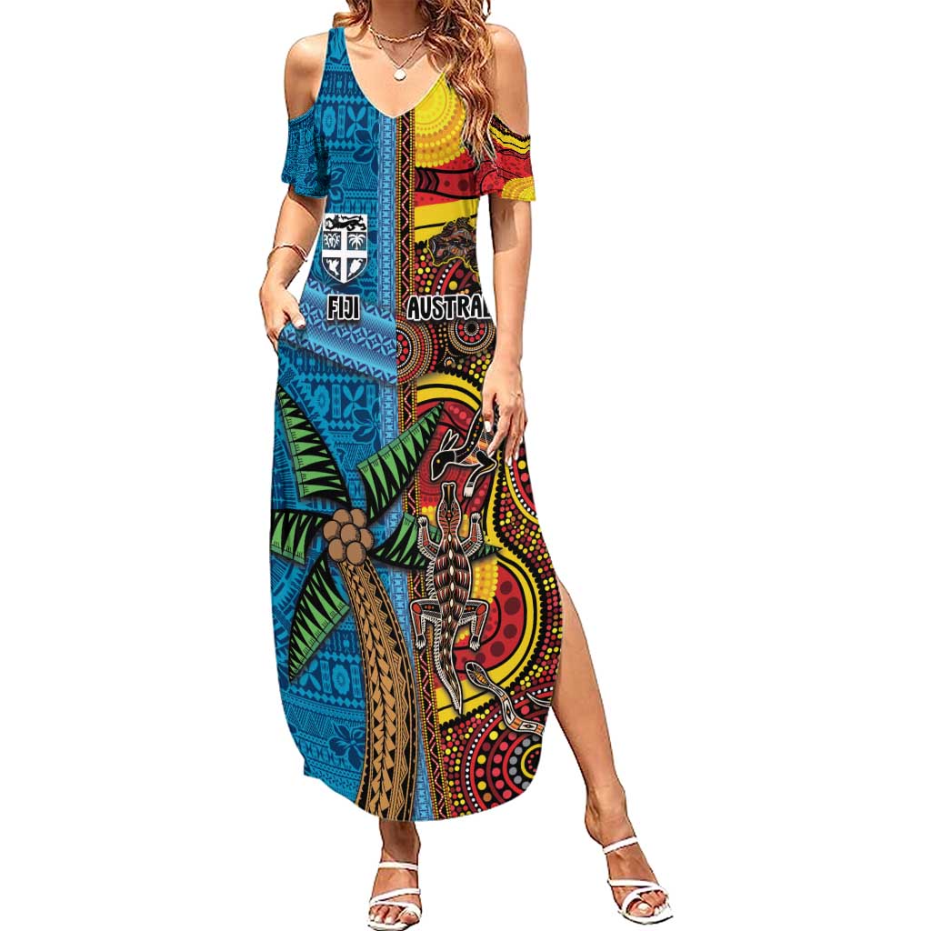 Personalised Australia and Fiji Together Family Matching Summer Maxi Dress and Hawaiian Shirt Tribal Palm Tree with Tapa and Aboriginal Animals Half Style LT03 Mom's Dress Blue - Polynesian Pride